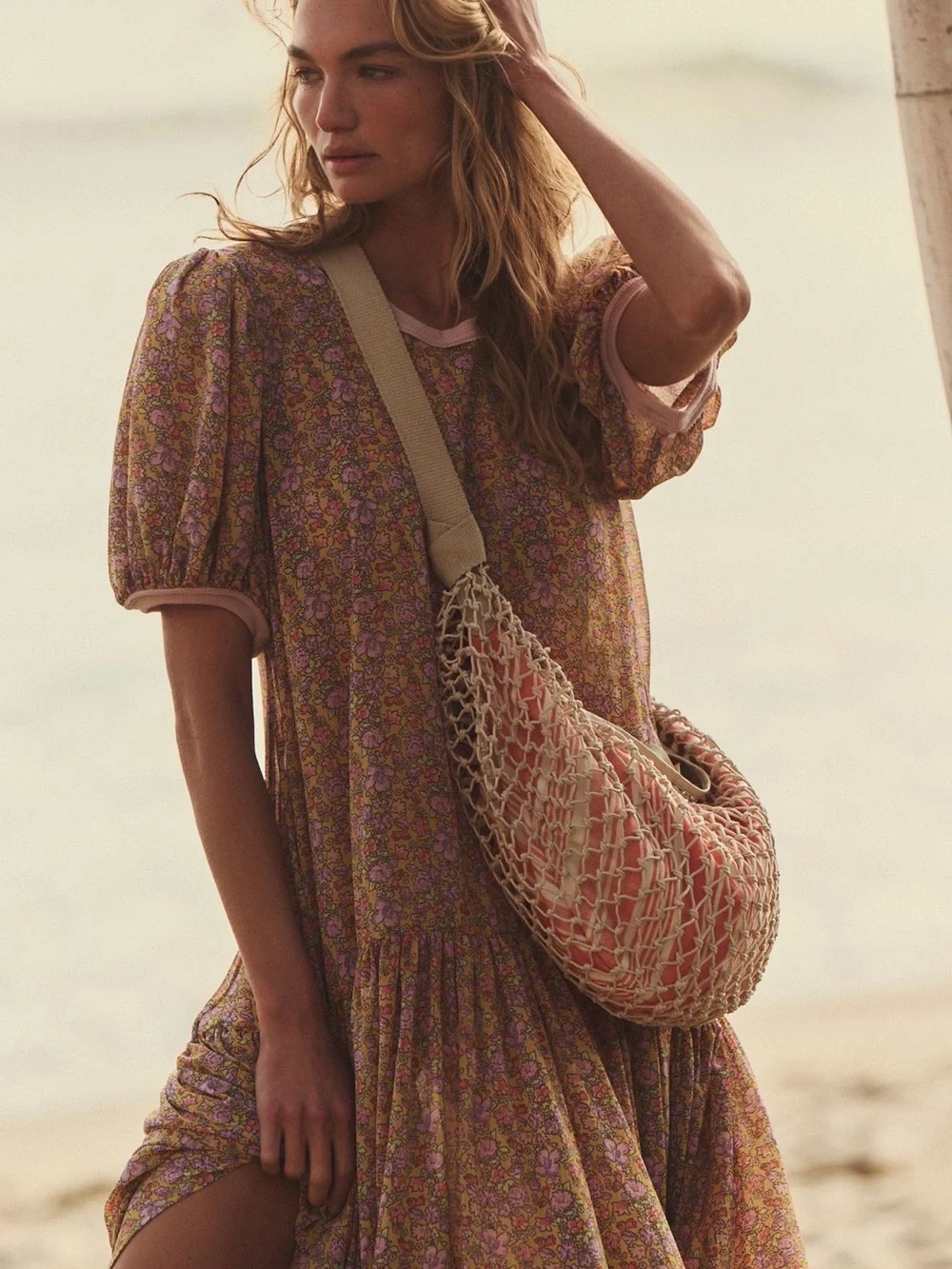 NWT new free people silver springs sling bag cream peach netting netted stripe